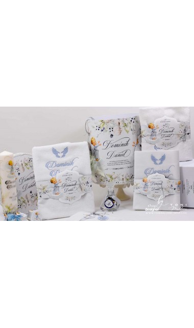Trusou botez cu ingeri si flori de bumbac personalizat pentru baieti Ingerul Albastru 8